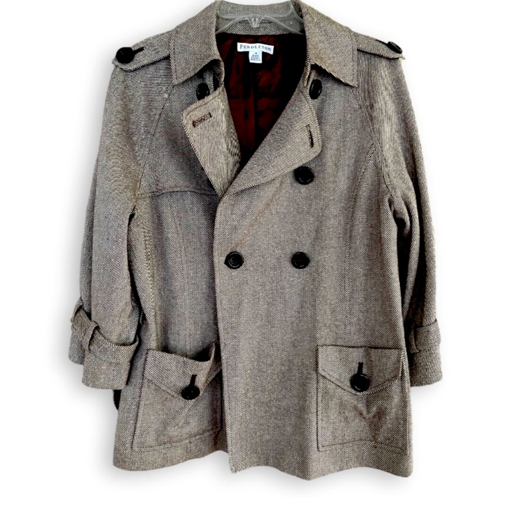 PENDLETON Brown & Cream Striped Buckle Sleeve Quarter Trench Coat